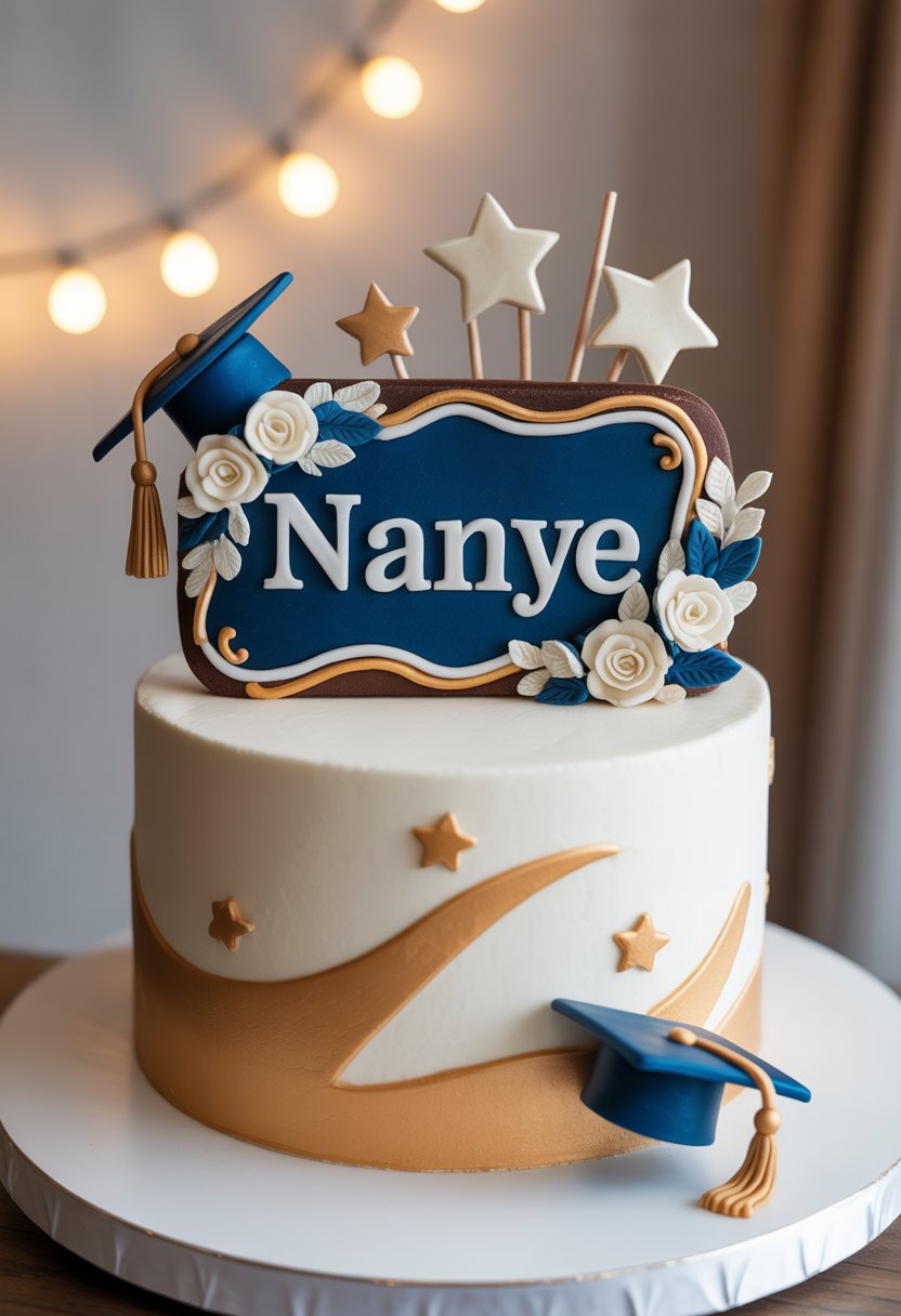 A decorated graduation cake with a personalized name plaque design, featuring edible graduation caps and floral decorations.