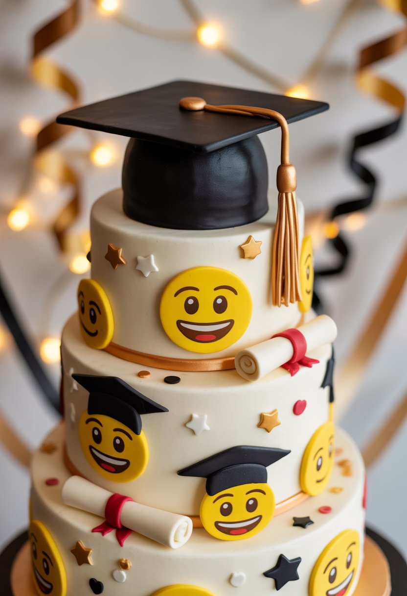 A multi-tiered graduation cake decorated with graduate emoji faces wearing mortarboards, a black graduation cap topper, and diploma scrolls, surrounded by festive confetti and ribbons.