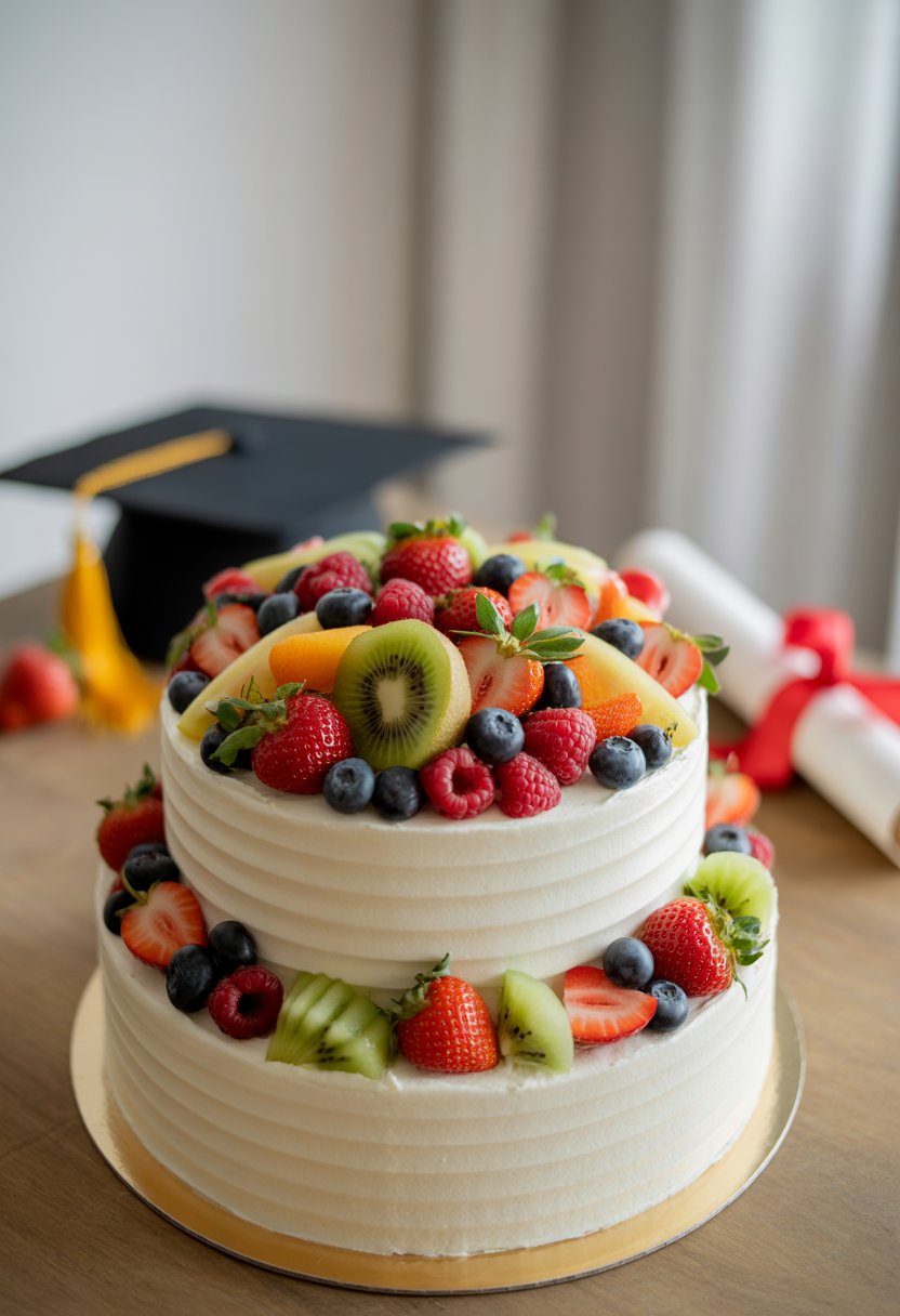 A multi-tiered white frosted cake topped with fresh strawberries, blueberries, raspberries, and kiwi slices on a wooden table with blurred graduation decorations in the background.
