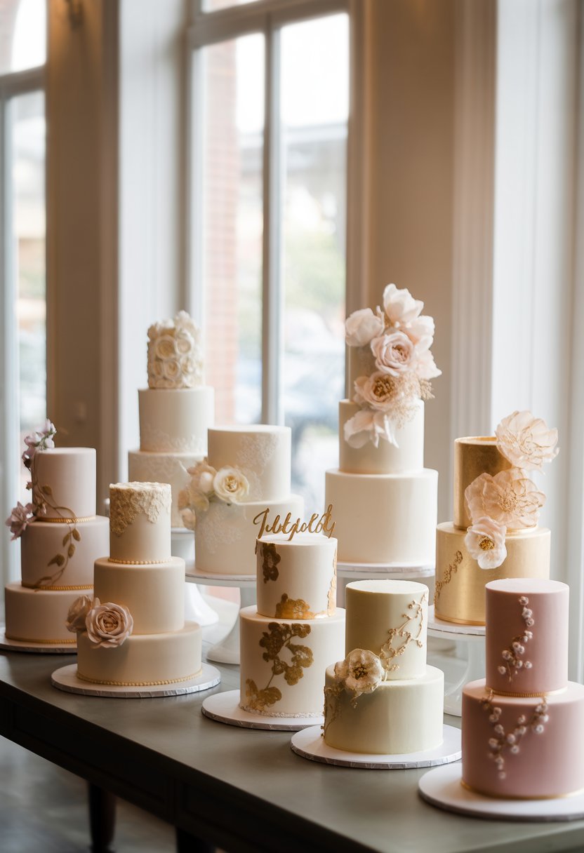 A display of ten beautifully decorated wedding cakes arranged on a table in a softly lit room.