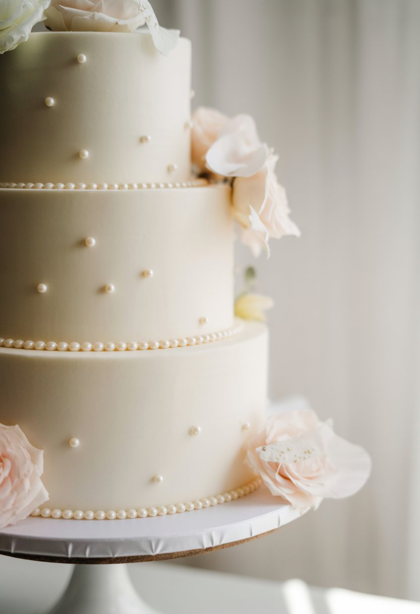 A multi-tiered white wedding cake decorated with pearl accents on a white stand with soft pastel flowers around it.