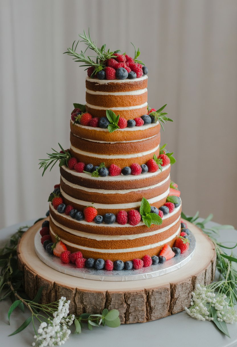 A multi-layered naked wedding cake topped with fresh berries and green herbs on a wooden stand.