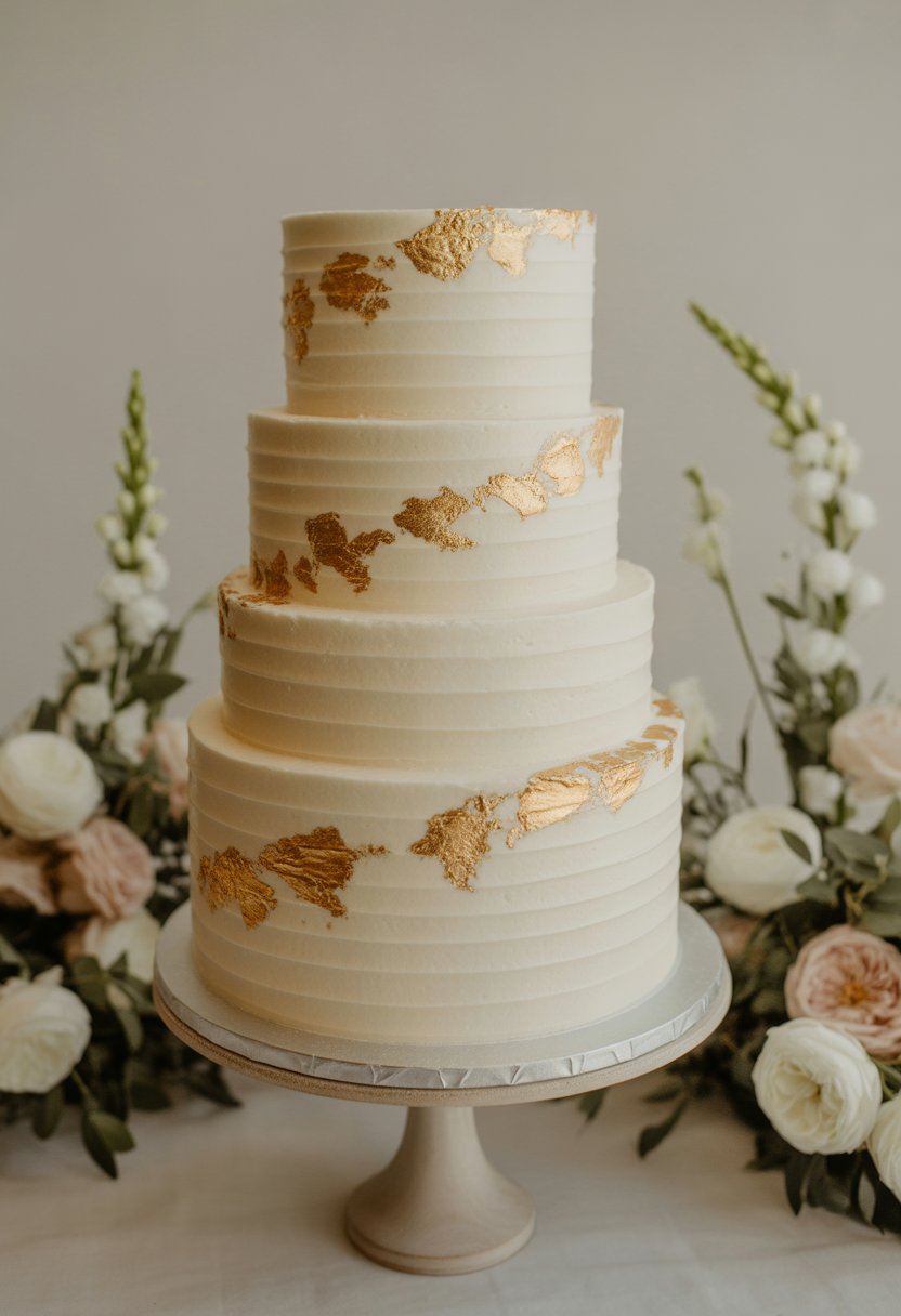 A multi-tiered wedding cake decorated with buttercream frosting and gold leaf accents on a white cake stand surrounded by flowers.