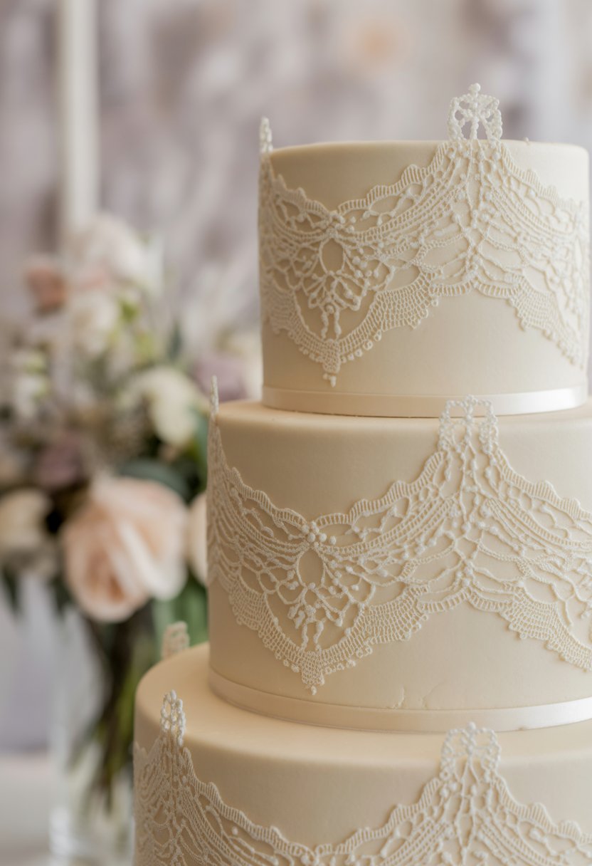 A multi-tiered wedding cake decorated with intricate white lace icing patterns, surrounded by soft floral decorations.