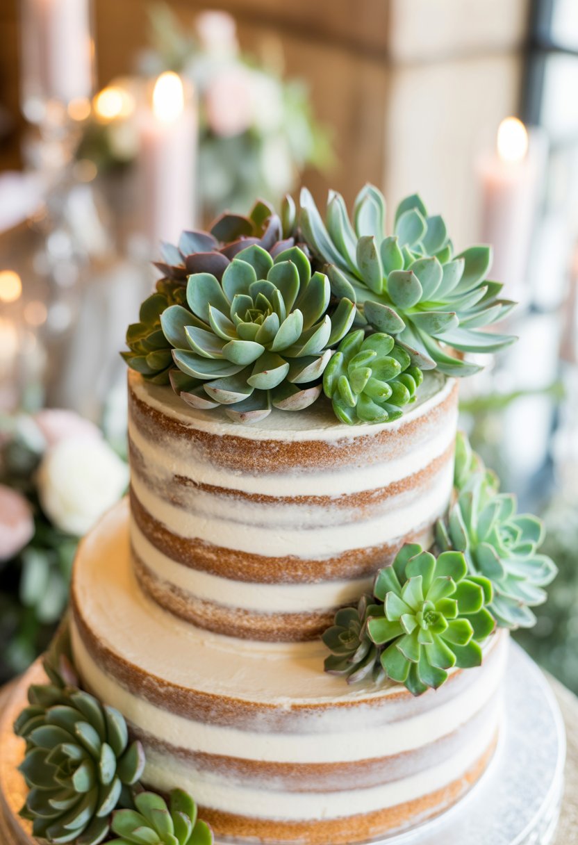 A multi-tiered semi-naked wedding cake topped with fresh green succulents on a softly lit table.