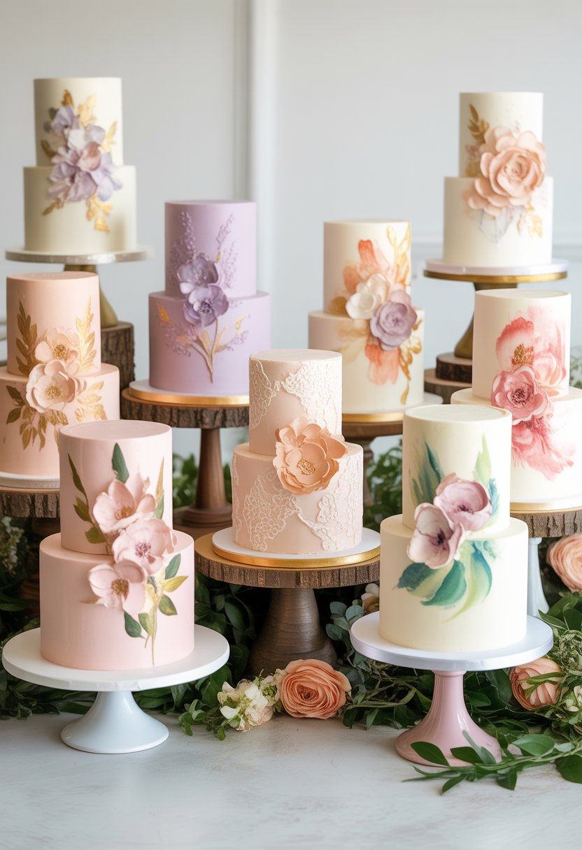 A collection of ten elegant wedding cakes decorated with floral designs, displayed on cake stands with flowers and greenery around them.
