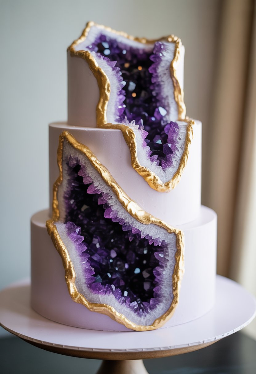 A multi-tiered white wedding cake decorated with purple crystal formations and gold accents on a white stand.