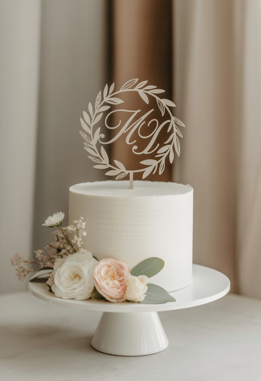 A single-tier white wedding cake with a monogram topper and soft floral decorations on a white cake stand.
