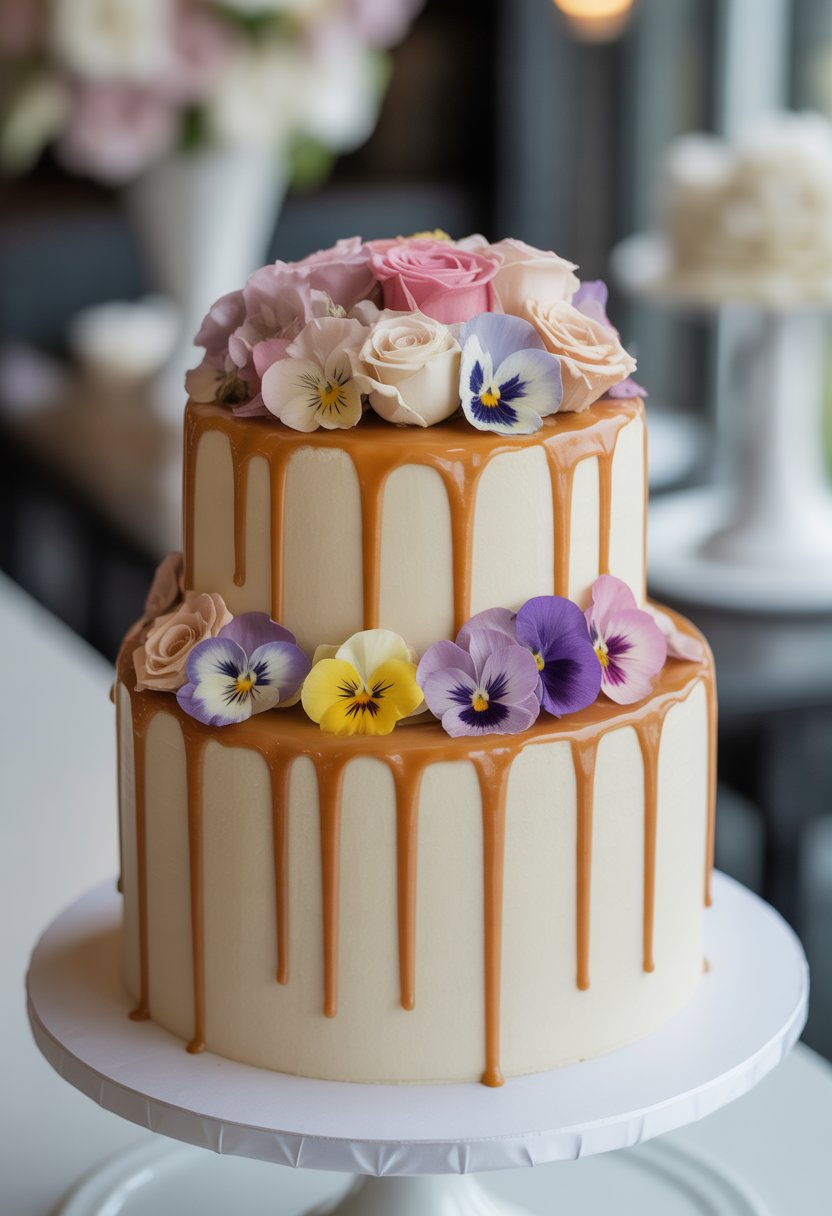 A multi-tiered wedding cake with caramel drip and colorful edible flowers on top, displayed on a white cake stand.