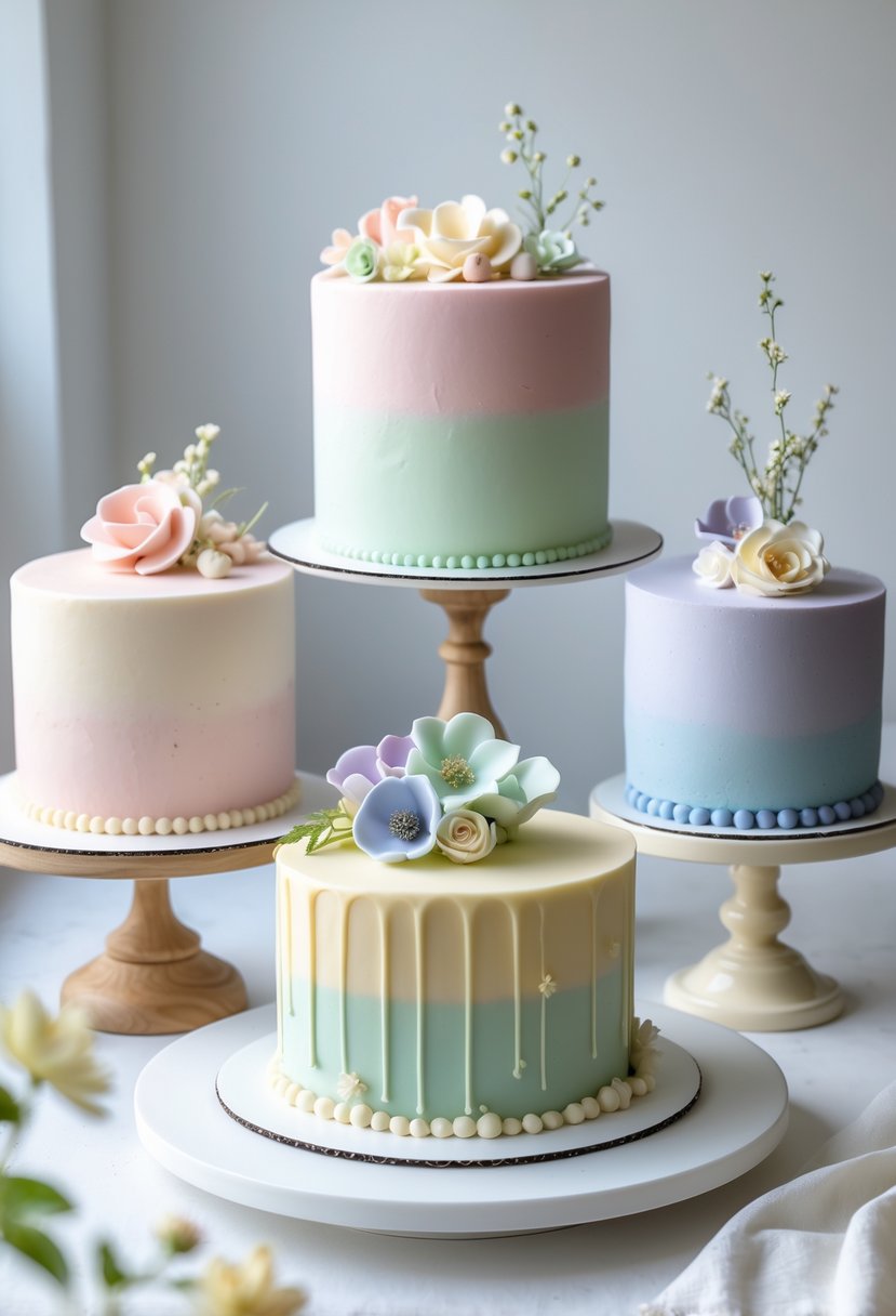 Five pastel-colored cakes in soft pink, green, lavender, blue, and yellow, arranged on a white surface with delicate decorations.