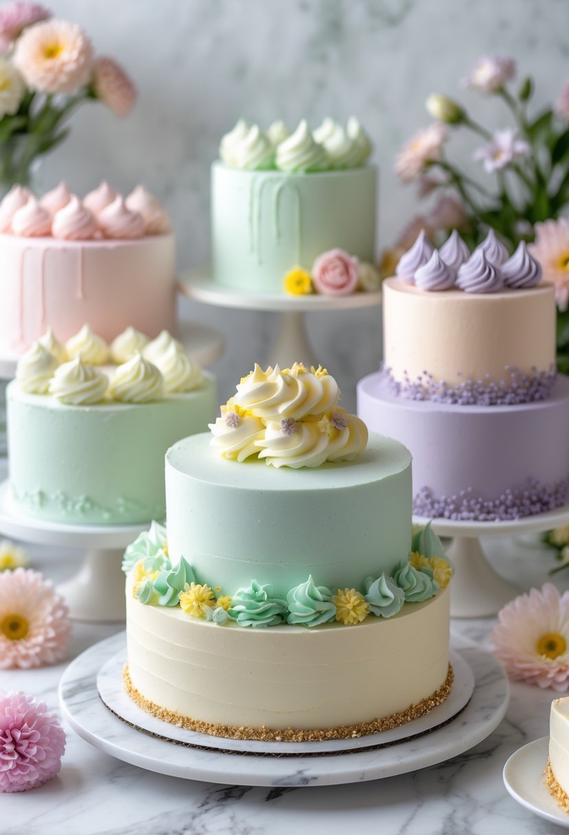 An assortment of pastel-colored cakes arranged on a white marble surface with soft lighting and floral decorations.
