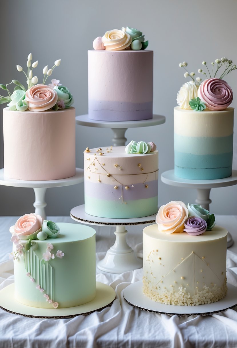 A collection of five pastel-colored cakes with different decorative styles arranged on a white surface.