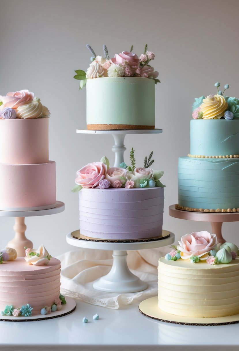 Five pastel-colored cakes of different designs arranged on a white surface with soft natural lighting.