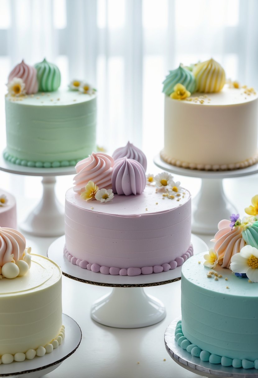 Five pastel-colored cakes in soft hues arranged on a white surface with delicate decorations and soft lighting.