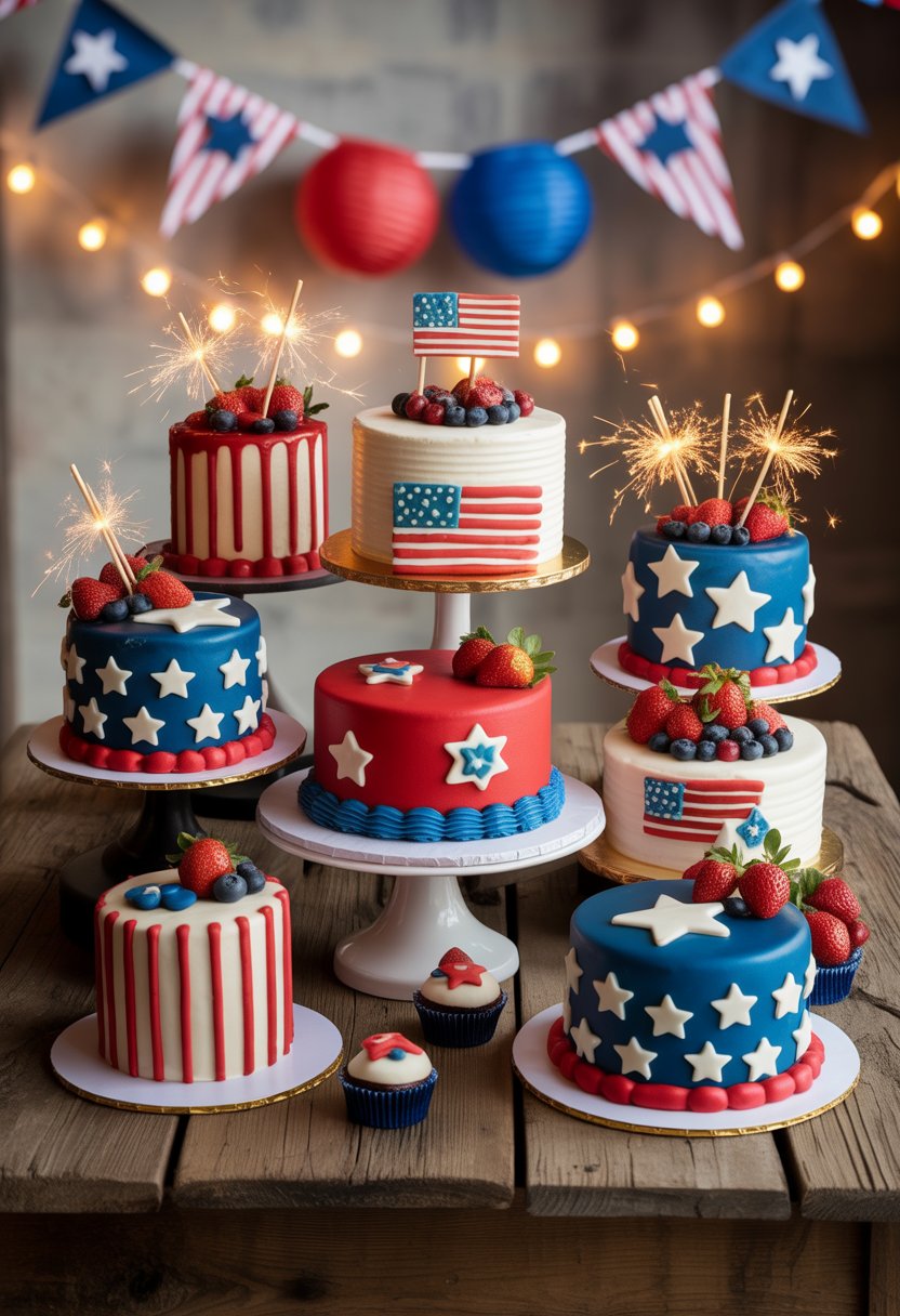 Nine decorated cakes with red, white, and blue designs arranged on a wooden table for a July 4th celebration.