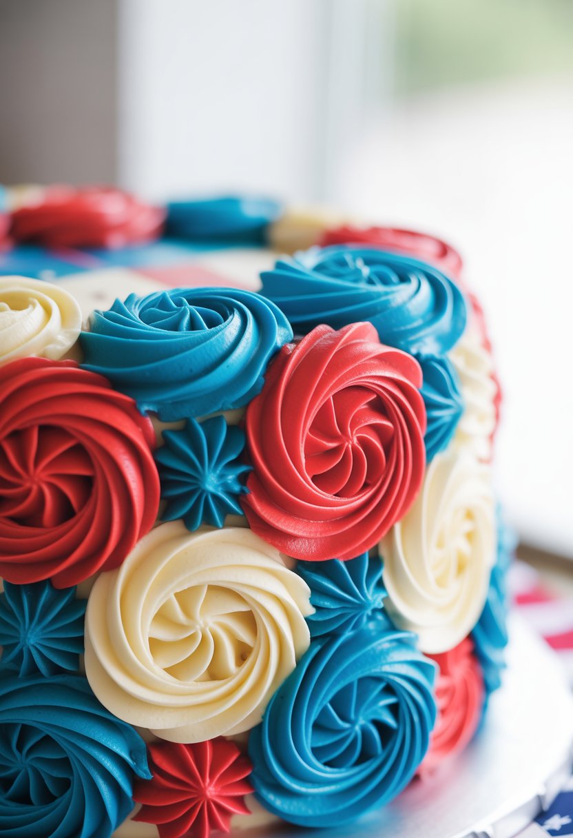 Close-up of a cake decorated with red, white, and blue buttercream rosettes.