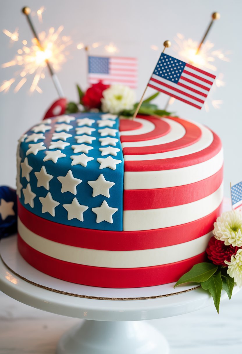 A round cake decorated with red, white, and blue fondant featuring stars and stripes, displayed on a white cake stand with small American flags and summer flowers around it.