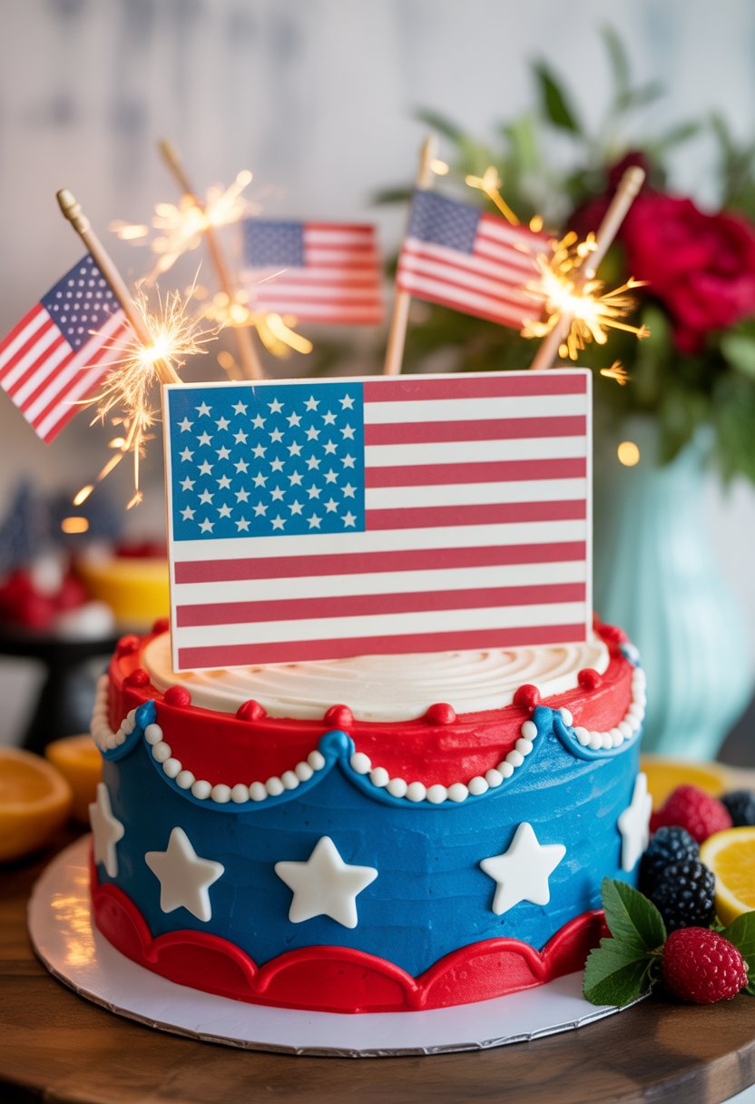 A patriotic cake decorated with an American flag edible topper and red, white, and blue frosting surrounded by festive summer decorations.