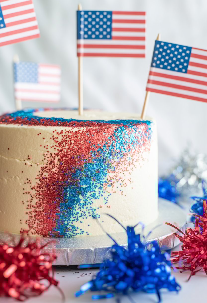 A close-up of a white frosted cake decorated with red, white, and blue edible glitter and small American flag decorations.