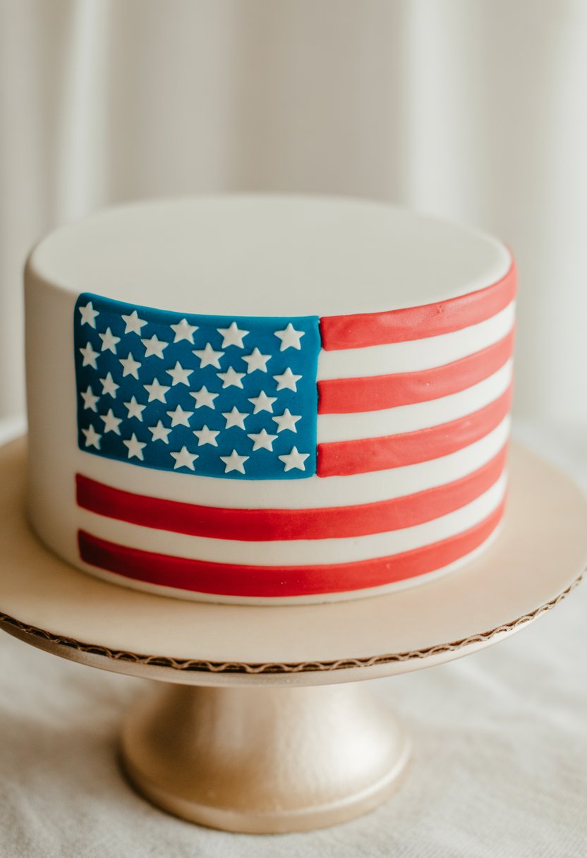 A round cake covered with white fondant featuring a hand-painted American flag design on top.