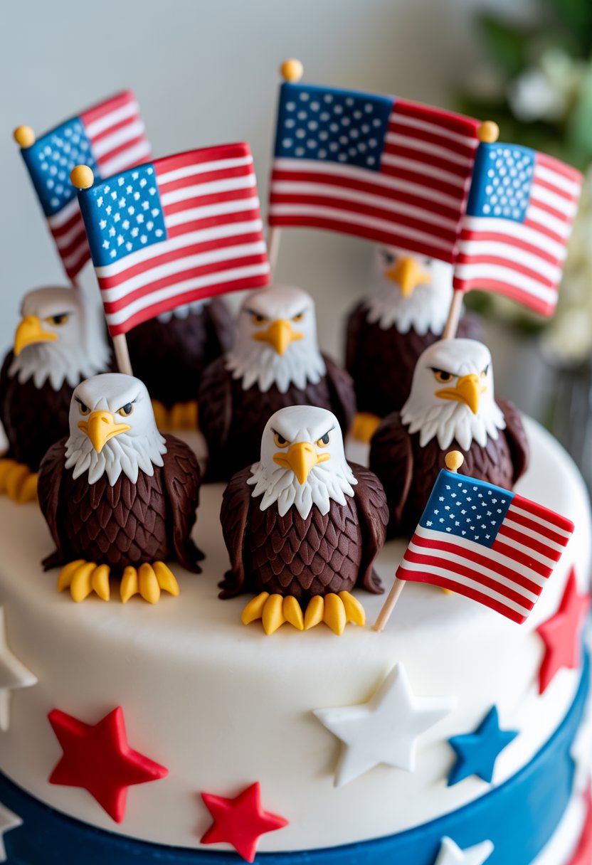 Close-up of a cake decorated with miniature fondant eagles and small American flags.