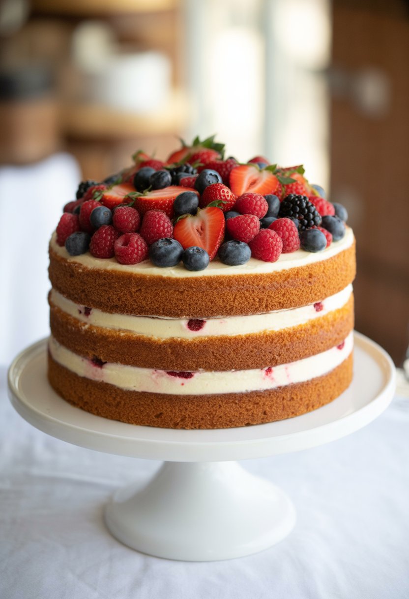 A classic vanilla naked cake topped with fresh strawberries, blueberries, raspberries, and blackberries on a white cake stand.