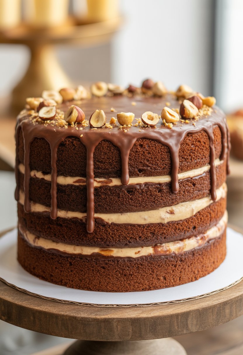 A chocolate hazelnut naked cake with toasted nuts on top, displayed on a wooden cake stand.