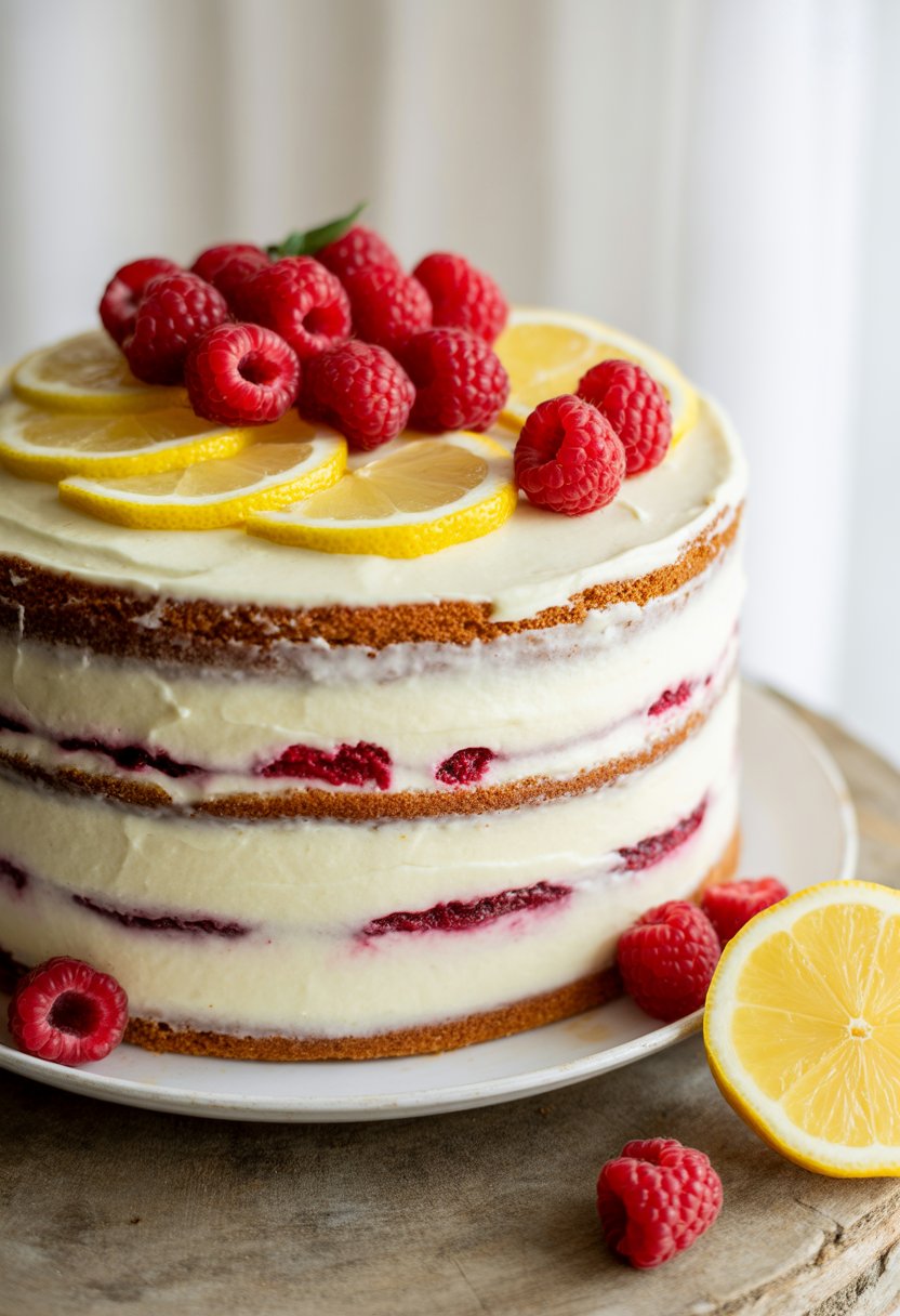 A lemon and raspberry naked cake with cream cheese frosting on a white plate, topped with fresh raspberries and lemon slices.