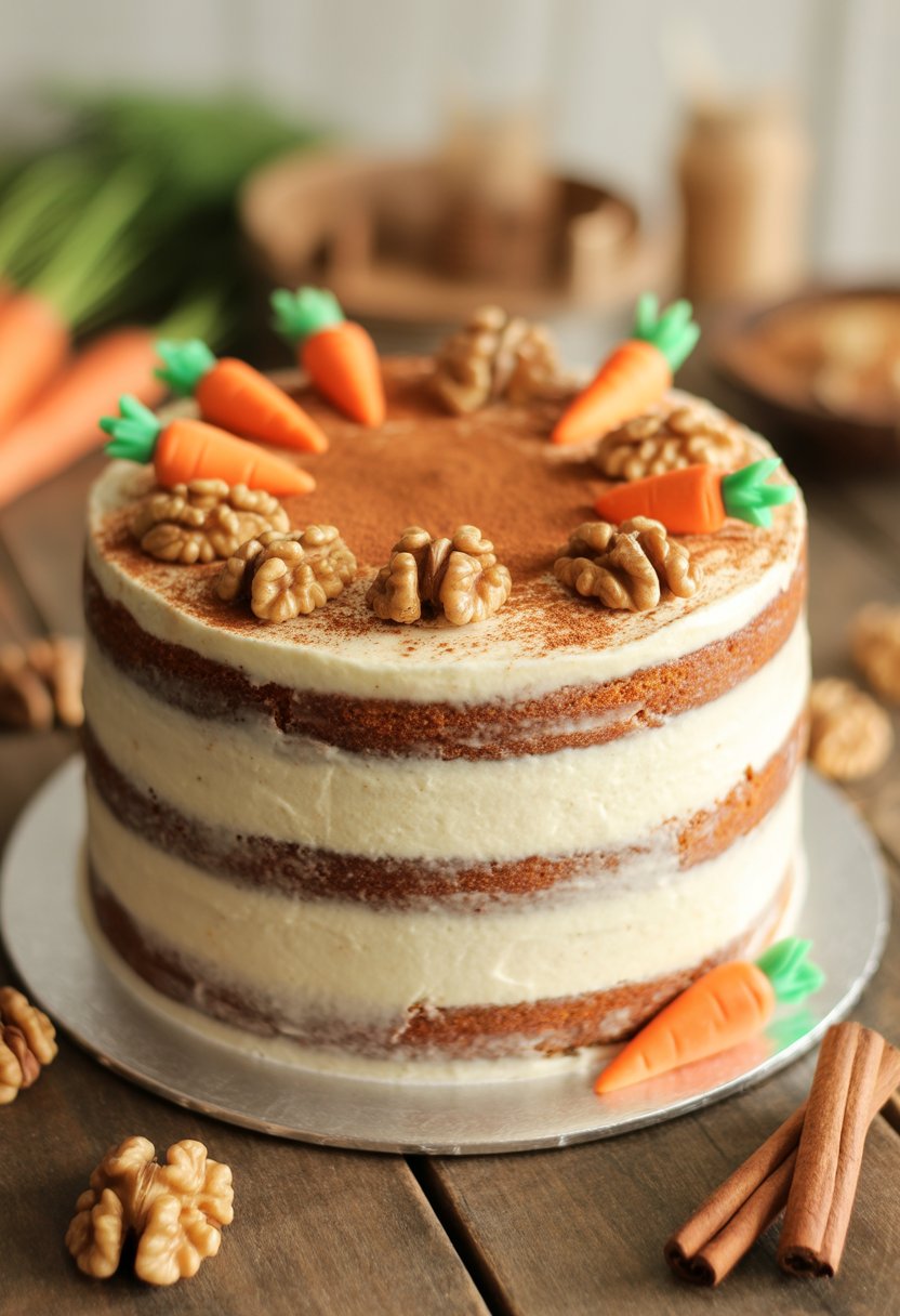 A layered carrot cake with cinnamon frosting and walnuts on a wooden table, decorated with cinnamon sticks and fresh carrots.