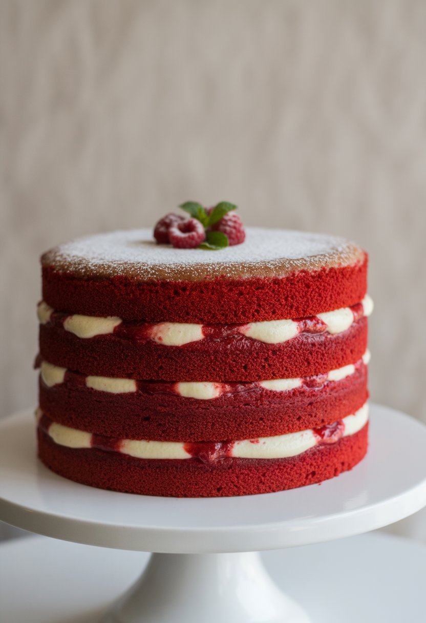 A red velvet naked cake with mascarpone filling on a white cake stand, topped with raspberries and mint leaves.