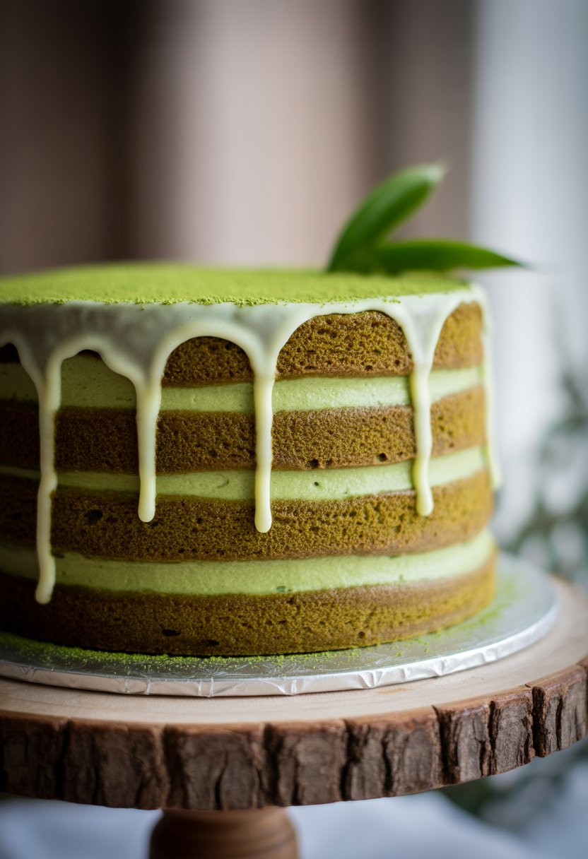 A matcha green tea layered cake with white chocolate drizzle on a wooden stand.