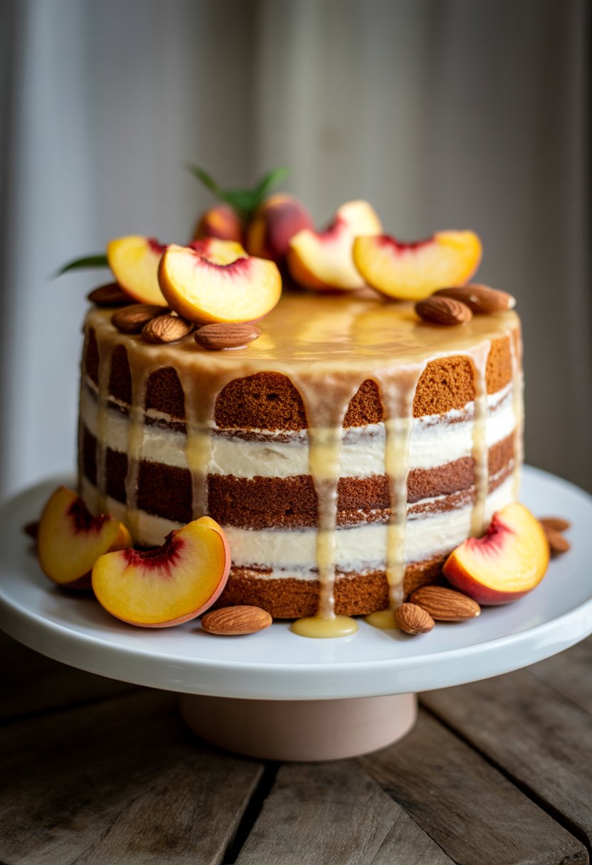 A naked cake with almond layers, honey glaze, and fresh peach slices on a white cake stand.