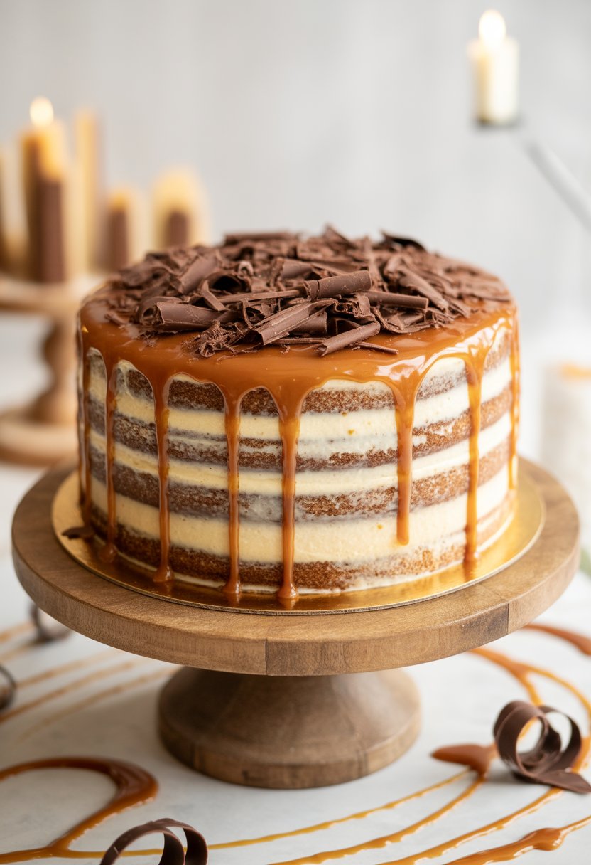 A layered salted caramel naked cake topped with dark chocolate shavings on a wooden cake stand.