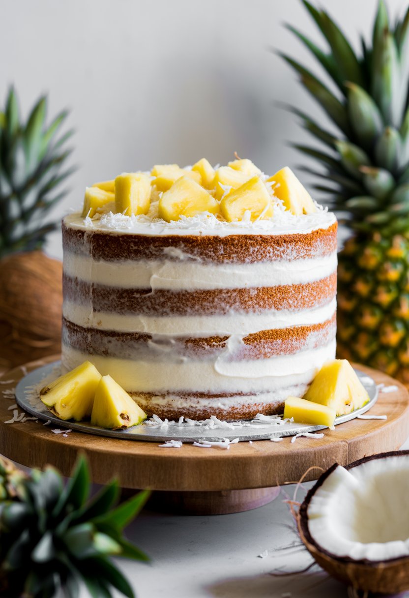 A multi-layer coconut and pineapple naked cake topped with whipped cream, fresh pineapple pieces, and shredded coconut on a wooden stand with tropical leaves and fruits in the background.