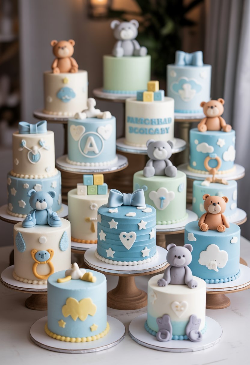 A display of 15 decorated baby shower cakes for boys with blue and pastel colors, featuring baby-themed decorations like booties, teddy bears, and stars.