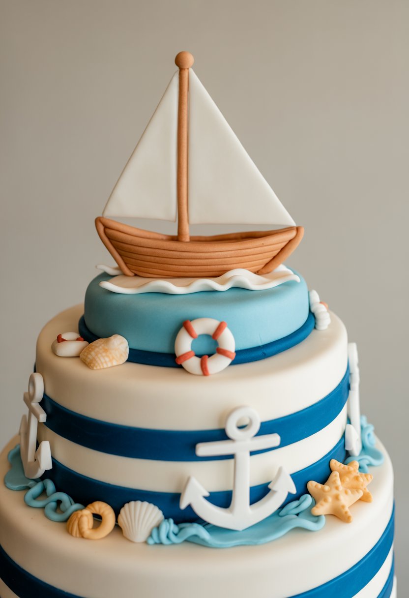 A multi-tiered nautical-themed sailboat cake decorated with blue and white fondant, featuring a sailboat topper and sea-themed decorations on a white cake stand.