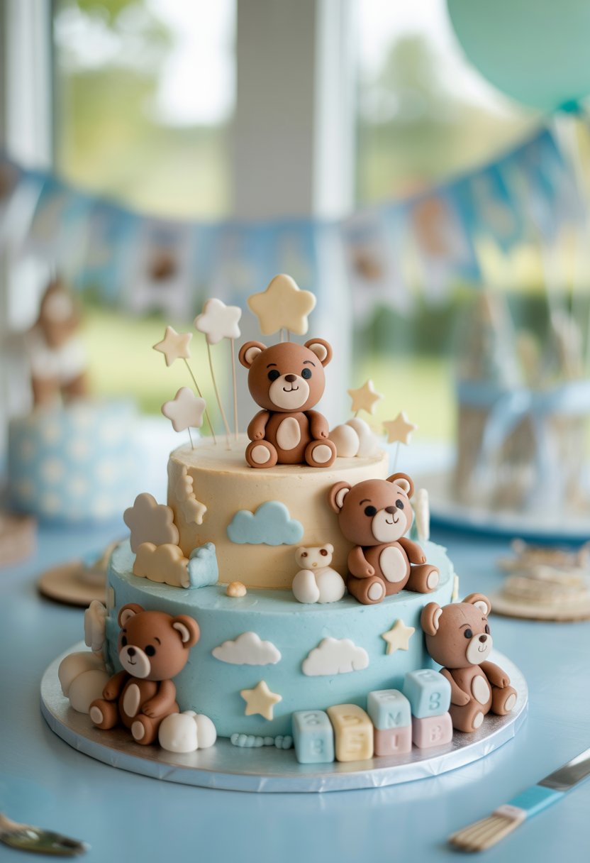 A multi-tiered baby shower cake decorated with blue and white frosting, featuring fondant bear cub figures and baby-themed decorations on a party table.