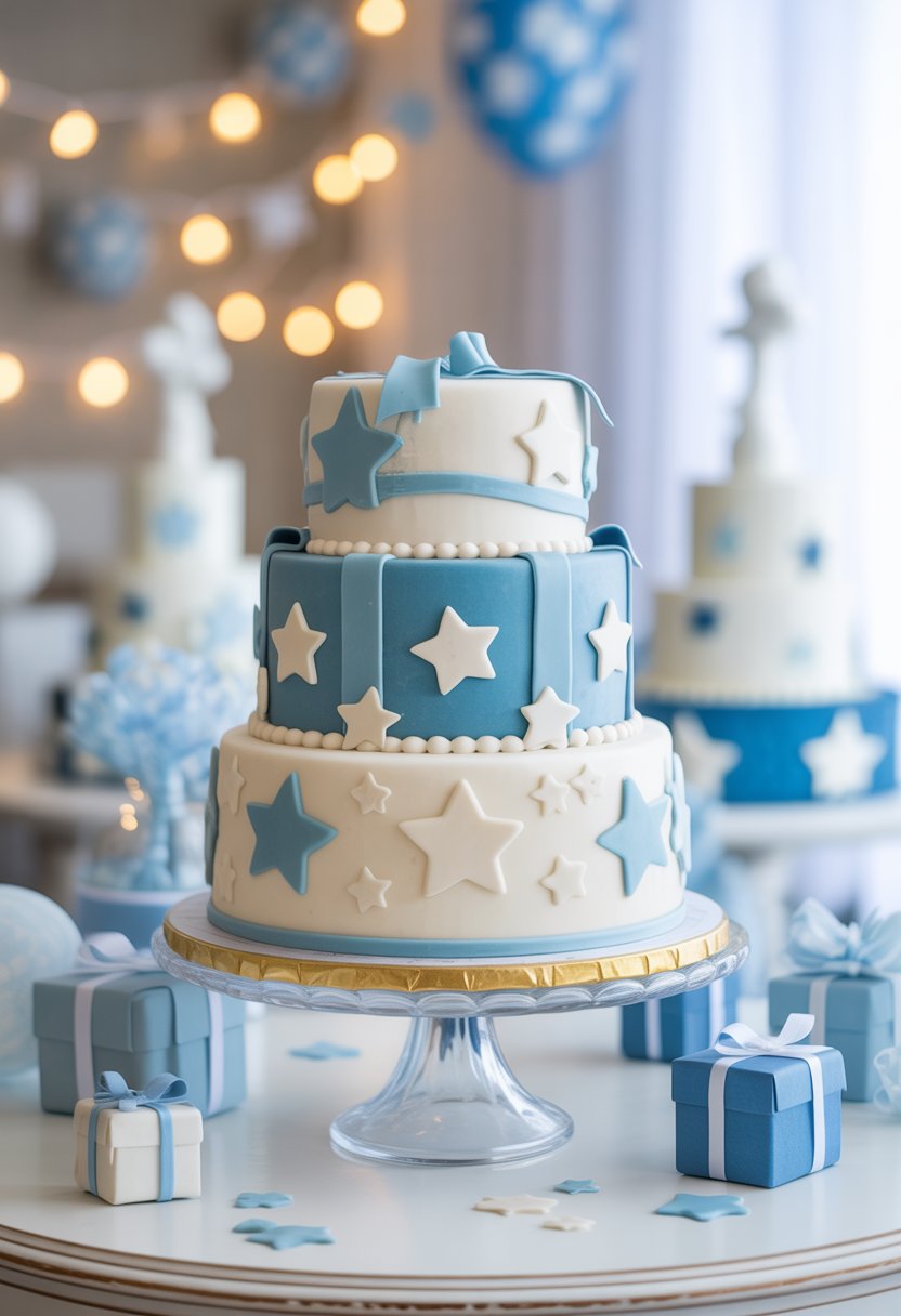 A multi-tiered baby shower cake decorated with blue and white stars on a white table with soft lighting.