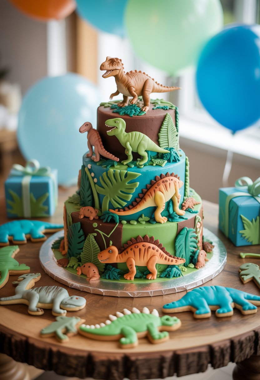 A multi-tiered dinosaur-themed baby shower cake decorated with edible dinosaur figures and jungle leaves on a wooden table with blue balloons and cookies around it.