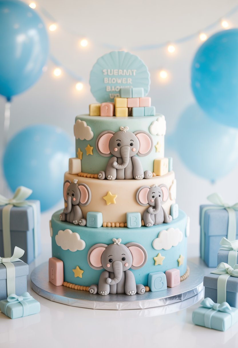 A multi-tiered baby shower cake decorated with fondant elephants and baby-themed decorations in pastel blue and white colors.