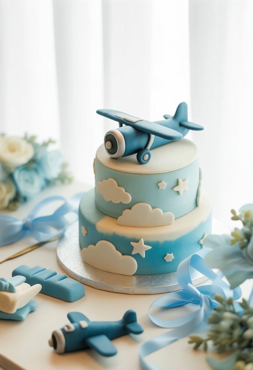 A multi-tiered baby shower cake decorated with a vintage airplane model and clouds, set on a white surface with blue-themed baby shower decorations around it.