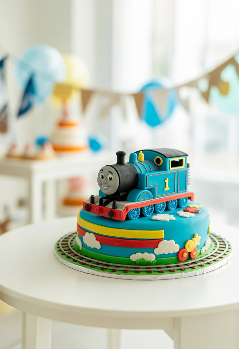 A multi-tiered baby shower cake decorated with a blue train engine and colorful train-themed decorations on a white table.