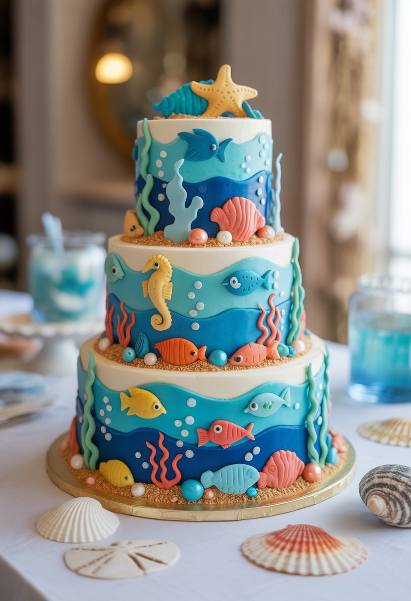 A multi-tiered under the sea themed baby shower cake decorated with sea creatures and ocean elements on a white table.