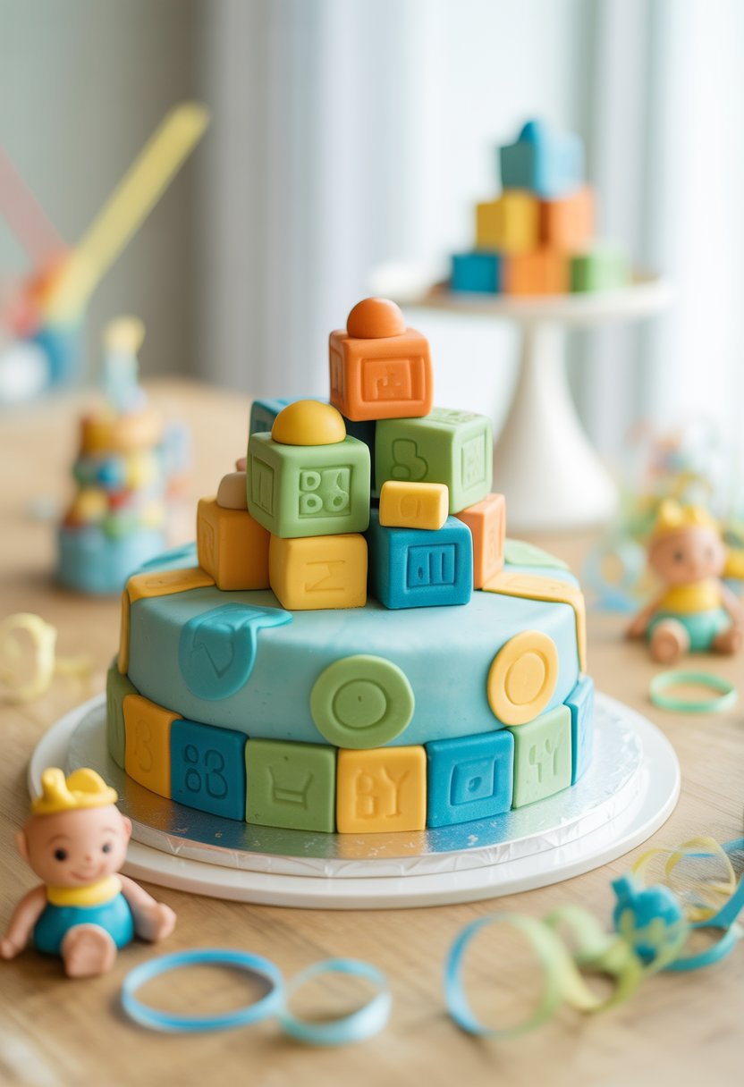A colorful baby shower cake decorated with toy blocks in pastel blue, green, and yellow, displayed on a white cake stand with baby shower decorations around it.