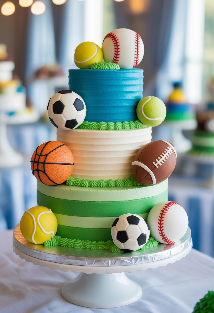 A multi-tiered baby shower cake decorated with edible sports balls including soccer, basketball, baseball, football, and tennis balls.