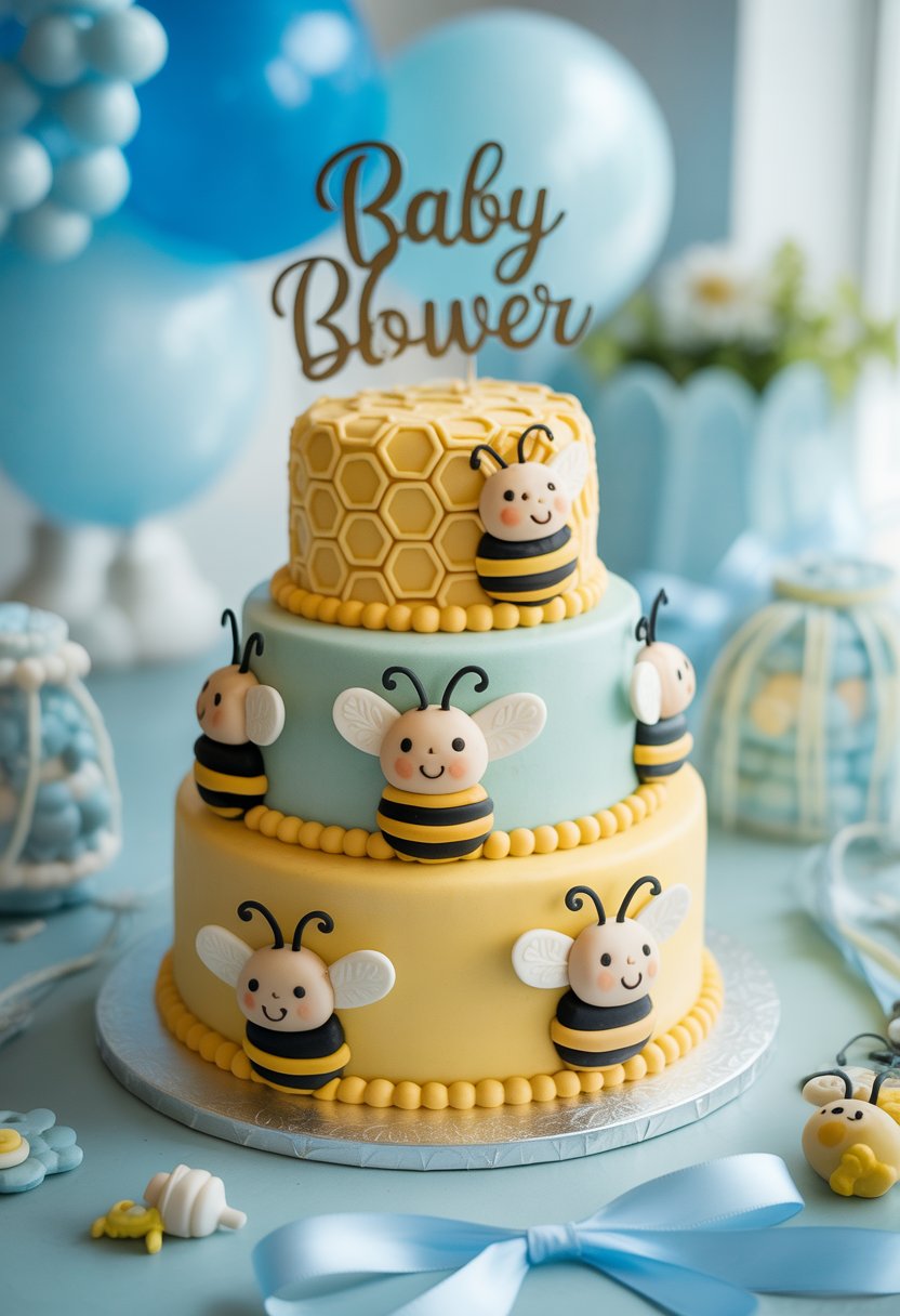 A multi-tiered baby shower cake decorated with bumblebee figures and honeycomb patterns, surrounded by blue and white baby shower decorations.