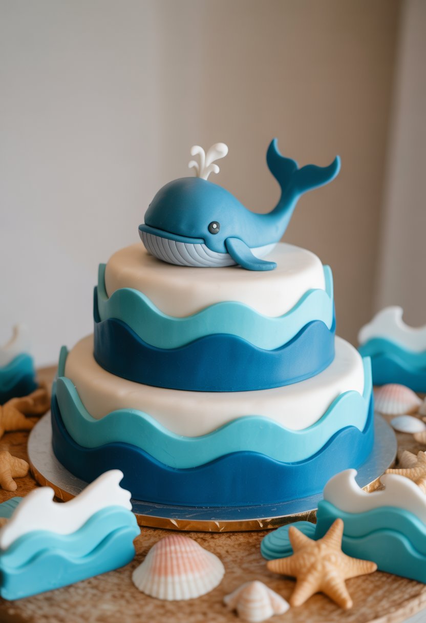 A multi-tiered baby shower cake decorated with ocean waves and a whale figurine on top.