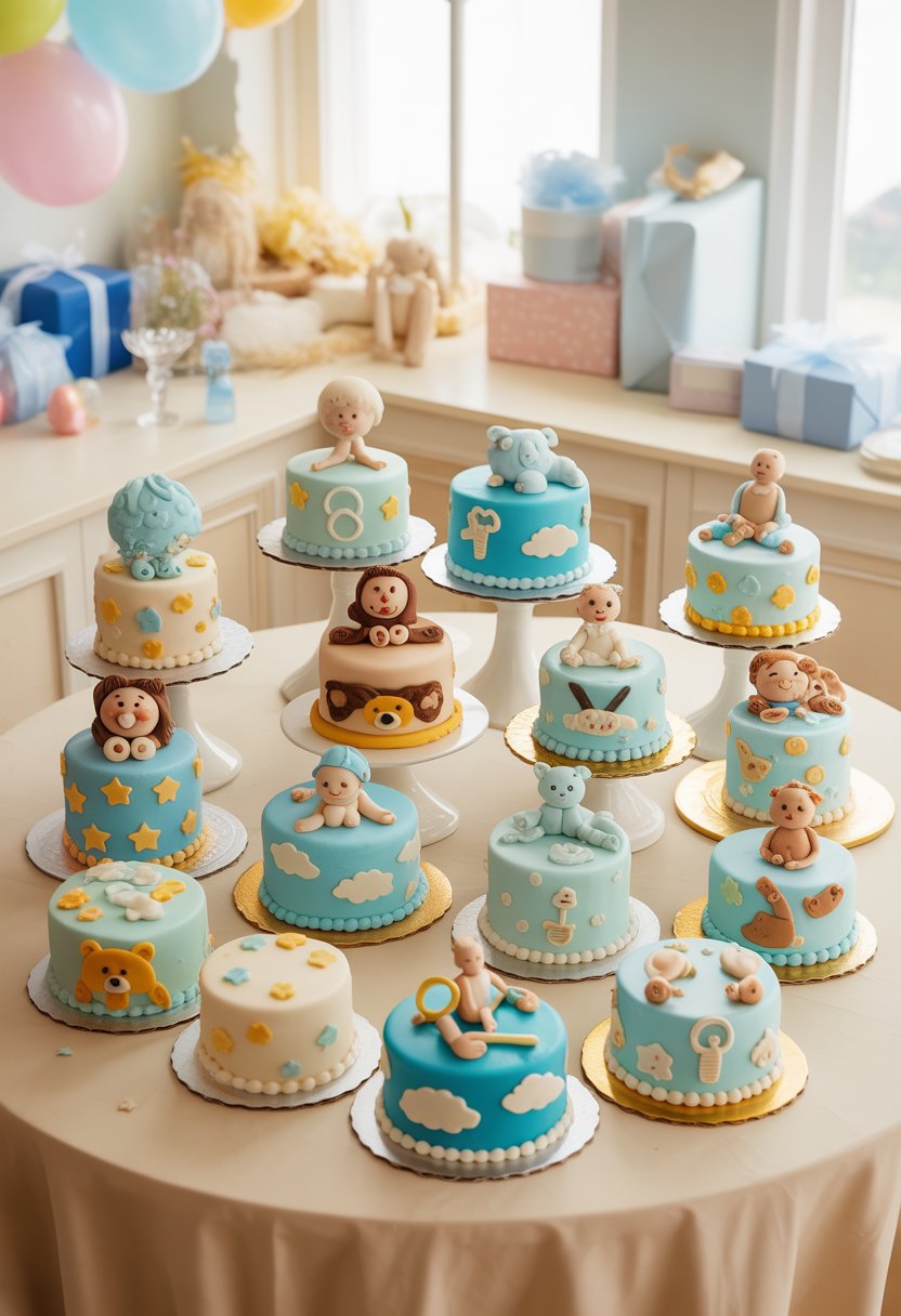 A table displaying a variety of decorated baby shower cakes for boys with blue and pastel colors, baby animals, and toys as decorations.