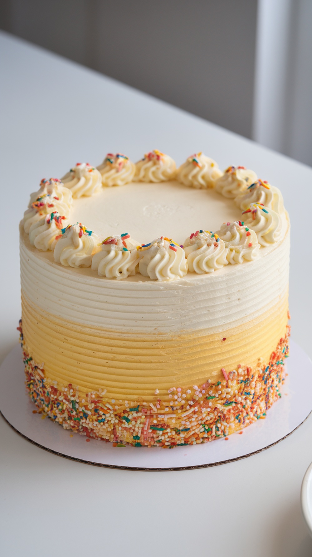 Vanilla ombre cake decorated with rainbow sprinkles on the bottom and swirls of frosting on top