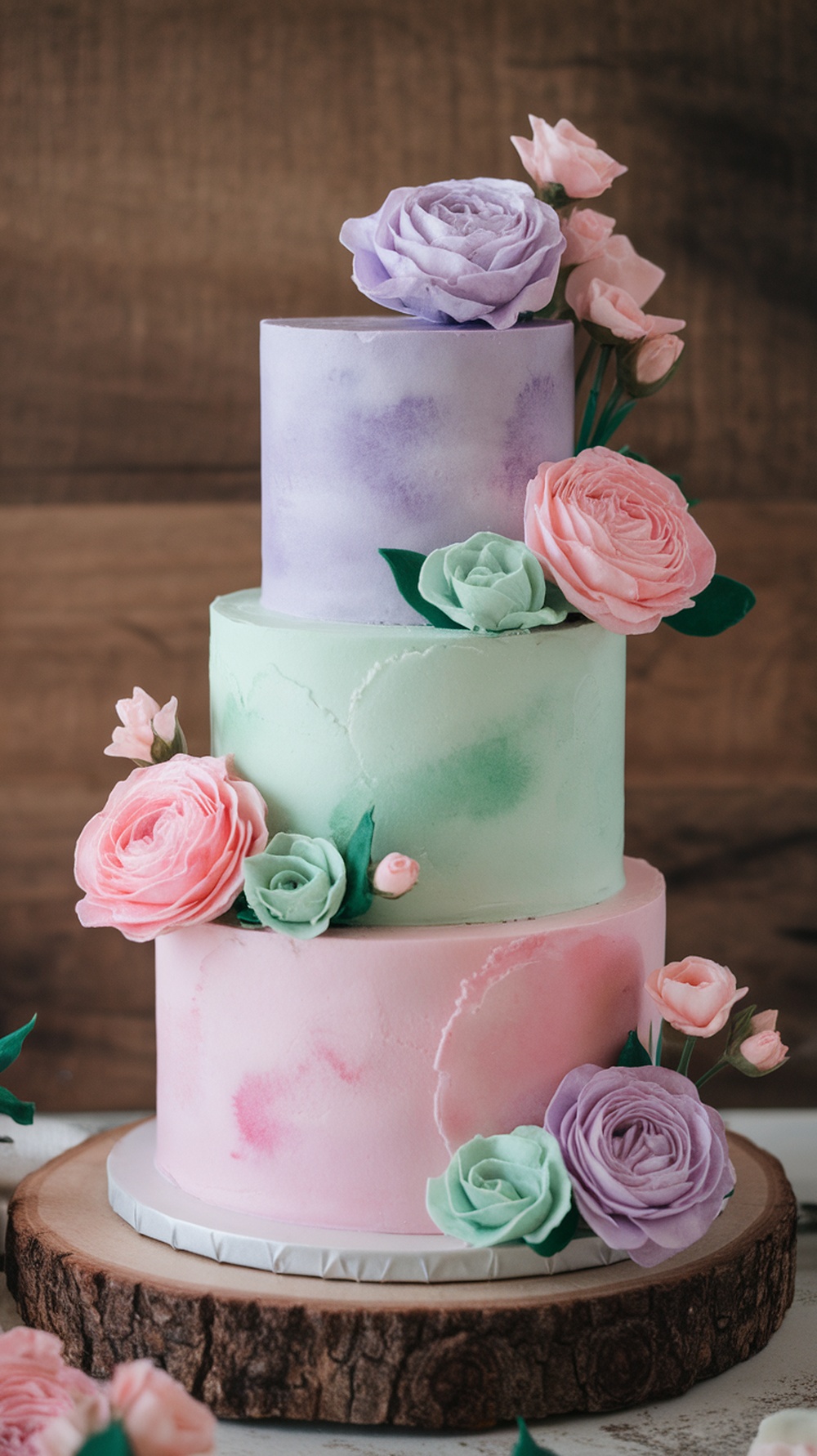 A beautifully designed watercolor buttercream wedding cake featuring pastel colors and floral decorations.